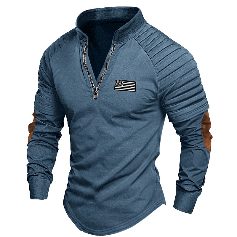 Men's Quarter Zip Long Sleeve Color Block Slim Pleated National Flag Street Vacation Patchwork Embroidery Clothing Apparel Fashion Designer Basic T-shirt