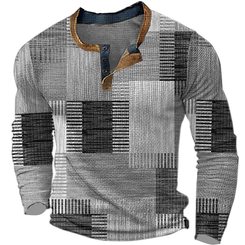 Plaid Mens 3D Shirt Casual | Grey Winter Cotton | Graphic Color Block Fashion Designer Basic Men'S 3D Print Waffle Henley Style Classic Outdoor Daily Blue Brown Green