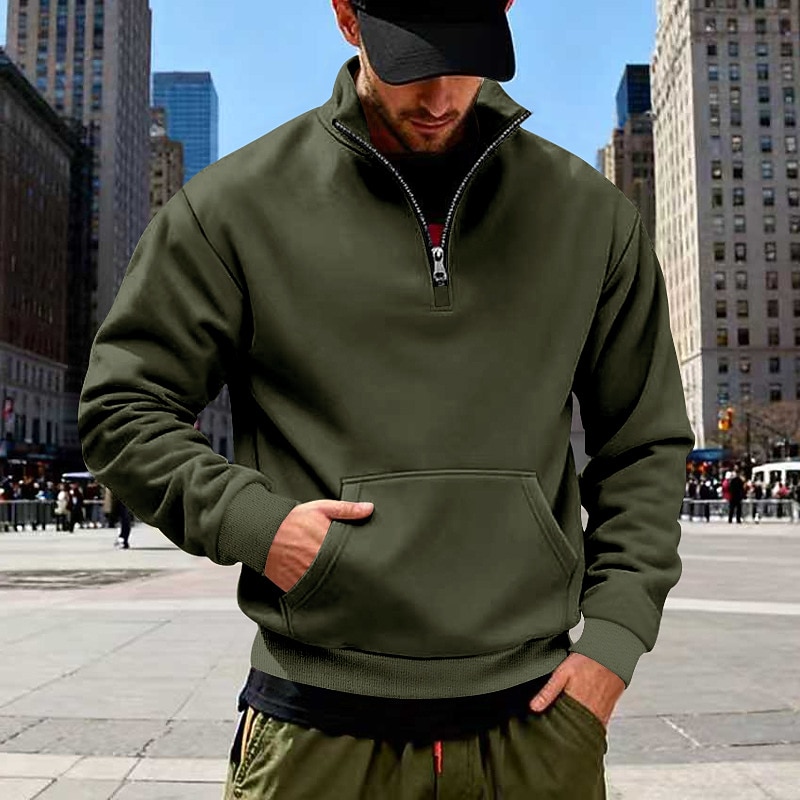 Men's Sweatshirt  Pullover Quarter Zip Sweatshirt Black White Army Green Navy Blue Camel Standing Collar Plain Kangaroo Pocket Sports & Outdoor Casual Daily Streetwear Cool Sportswear