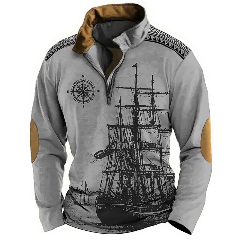Mens Graphic Sailboat And Compass Hoodie Sweatshirt Zip Pullover Vintage