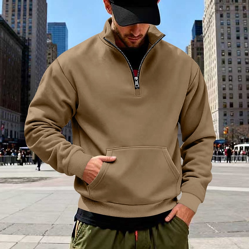 Men's Sweatshirt  Pullover Quarter Zip Sweatshirt Black White Army Green Navy Blue Camel Standing Collar Plain Kangaroo Pocket Sports & Outdoor Casual Daily Streetwear Cool Sportswear