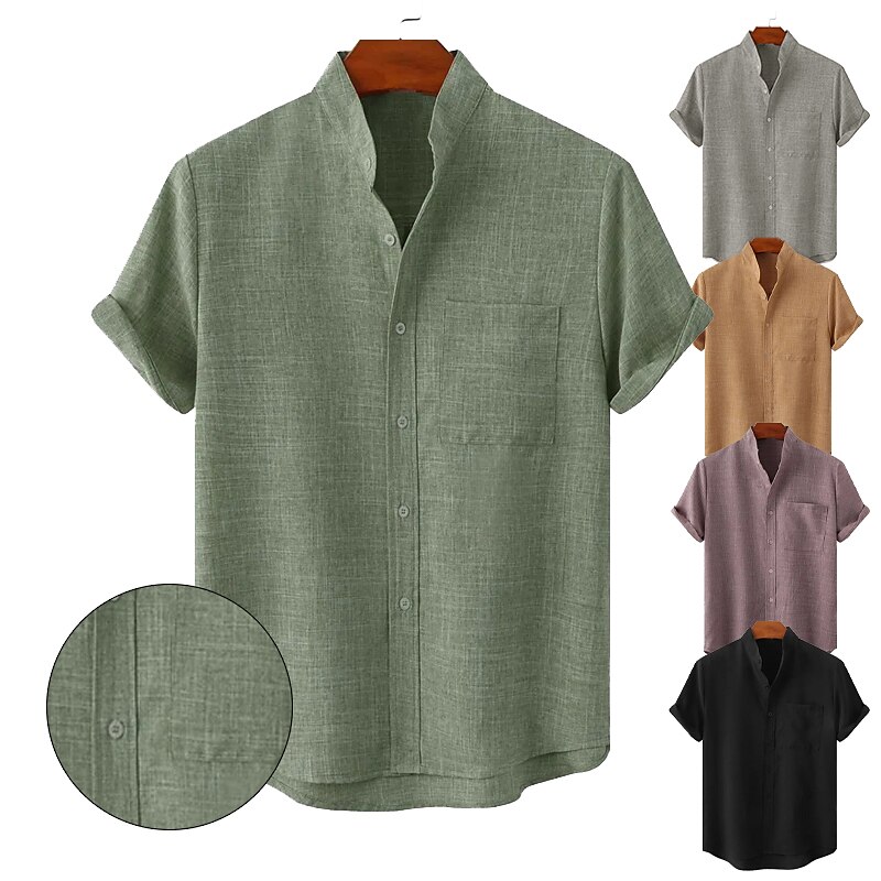 Men's Casual Henley Short Sleeve Plain Spring & Summer Hawaiian Holiday Clothing Apparel Front Pocket Linen Shirt