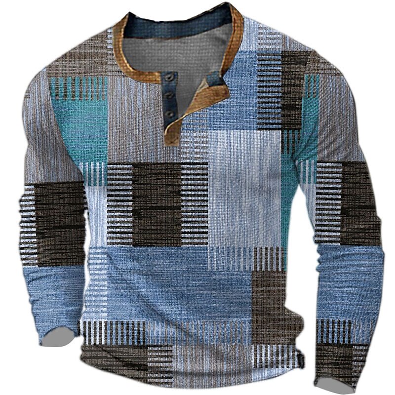 Plaid Mens 3D Shirt Casual | Grey Winter Cotton | Graphic Color Block Fashion Designer Basic Men'S 3D Print Waffle Henley Style Classic Outdoor Daily Blue Brown Green