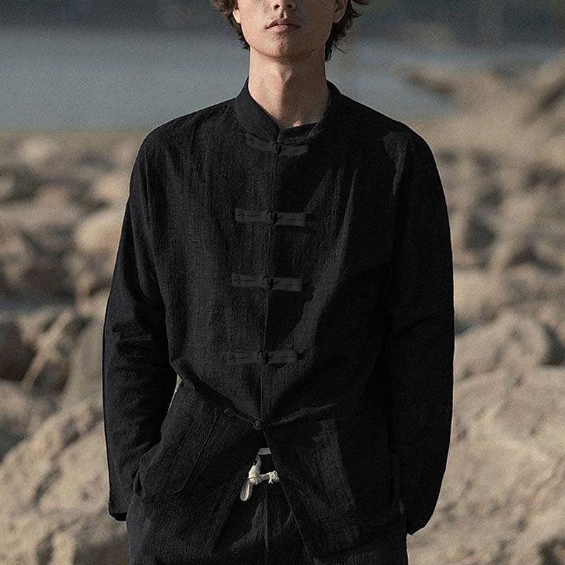 Men's Shirt Linen Shirt Chinese Collar Shirt Mandarin Collar Shirt Coat Casual Shirt Cotton Shirt Plain Vacation Hawaiian Black White Navy Blue Beige Long Sleeve Grandad Collar Spring &  Fall Clothing