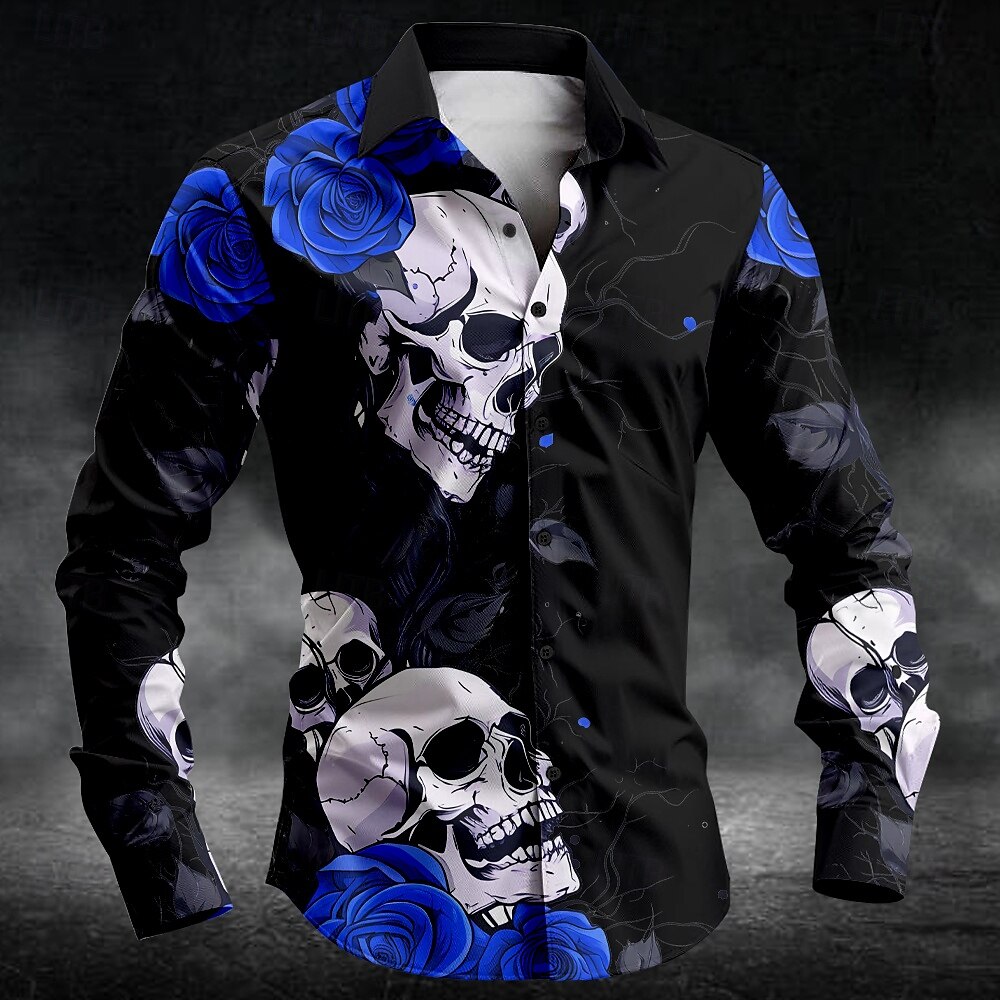 Rose Skull Casual Dark Men's Button Up Shirt Long Sleeve Party Evening Daily Fall Winter Spring & Summer Shirt Collar Button Up 3D Print Thin Black White Blue Purple Green Polyester