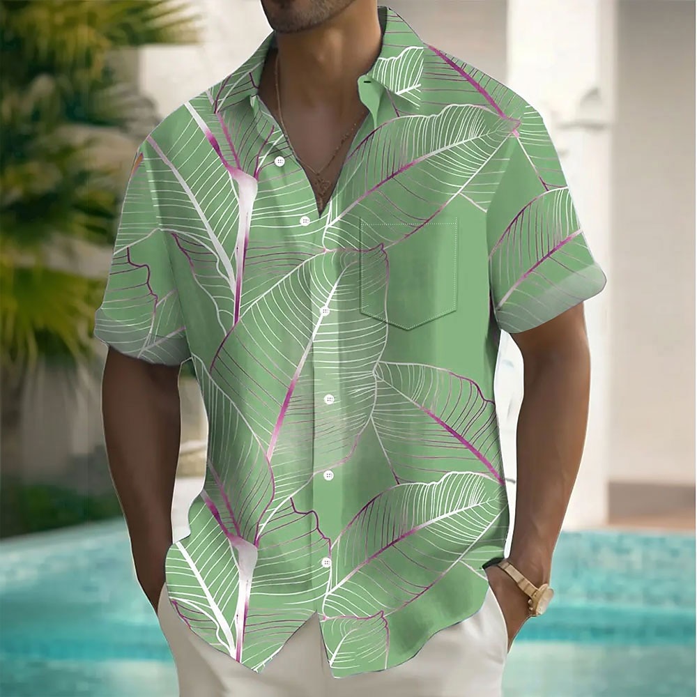 Men's Palm Leaf Tropical Plants Summer Hawaiian Shirt Button Up Shirt Short Sleeve Hawaiian Resort Vacation Holiday Beach Wear Summer Spring Turndown Collared Shirts Front One Pocket Pink Blue