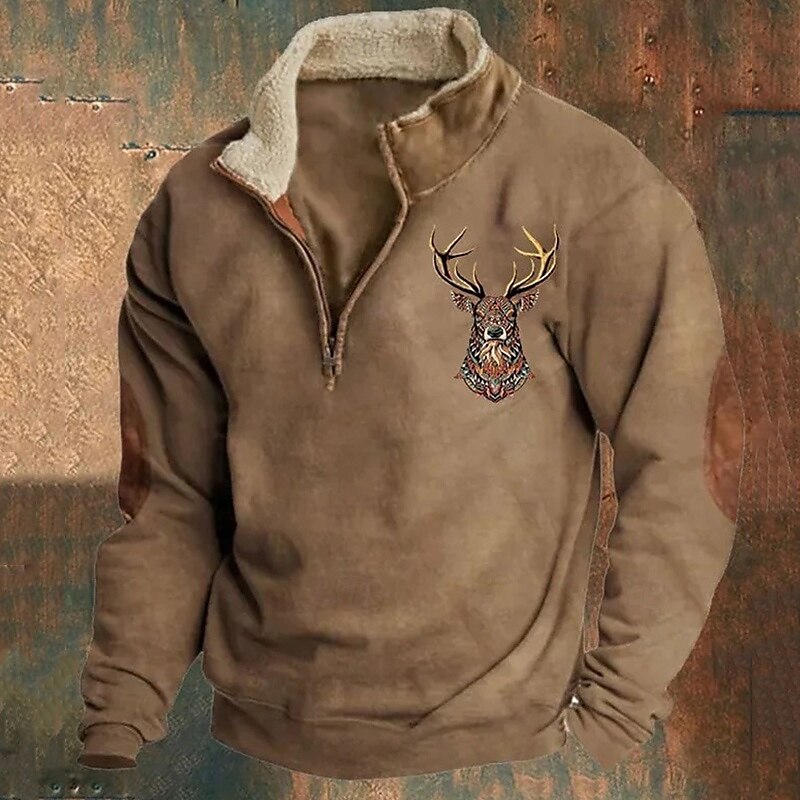 Men's Sweatshirt Quarter Zip Sweatshirt Black Navy Blue Brown Gray Half Zip Reindeer Print Christmas Daily Holiday Streetwear Casual Thin fleece Fall & Winter Clothing Apparel Hoodies Sweatshirts