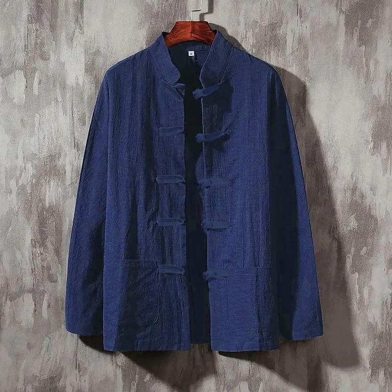 Men's Shirt Linen Shirt Chinese Collar Shirt Mandarin Collar Shirt Coat Casual Shirt Cotton Shirt Plain Vacation Hawaiian Black White Navy Blue Beige Long Sleeve Grandad Collar Spring &  Fall Clothing