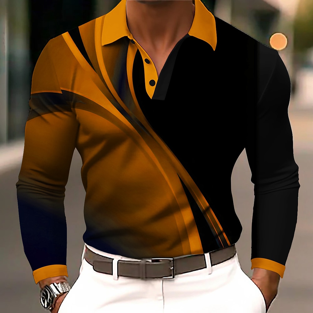 Men's Geometic Line Polo Long Sleeve Polo Shirts Lapel Business Casual Athleisure Daily Wear 3D Print Buttons Spring Fall Winter Blue Purple Orange