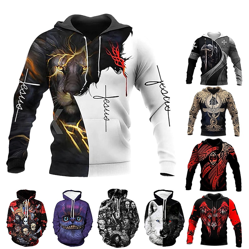 Men's Hoodie Pullover 3D Print Plus Size Basic Long Sleeve Sweatshirt