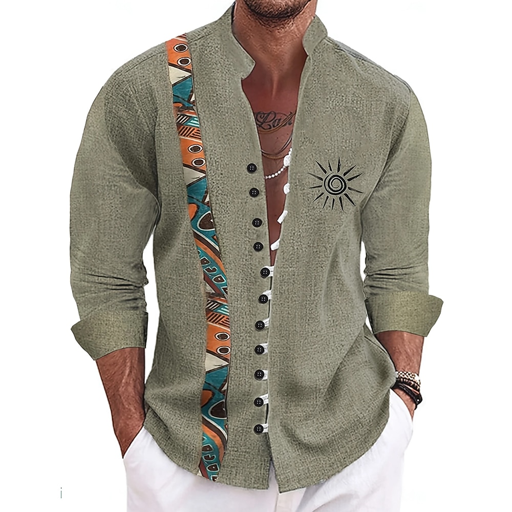 Men's Sun Ethnic Culture Shirt Stand Collar Shirt Long Sleeve Vintage Retro Vacation Daily Wear Going out Spring Fall Mandarin Collar Band Collar Button-Down Linen Like Shirt Blue Dark Green