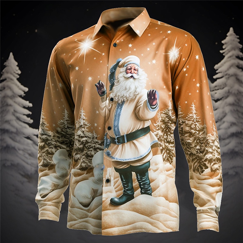 Santa Claus Casual Men's Shirt Christmas Daily Wear Going out Fall & Winter Turndown Long Sleeve Gray+Purple, Red+Pink, Light Blue S, M, L 4-Way Stretch Fabric Shirt