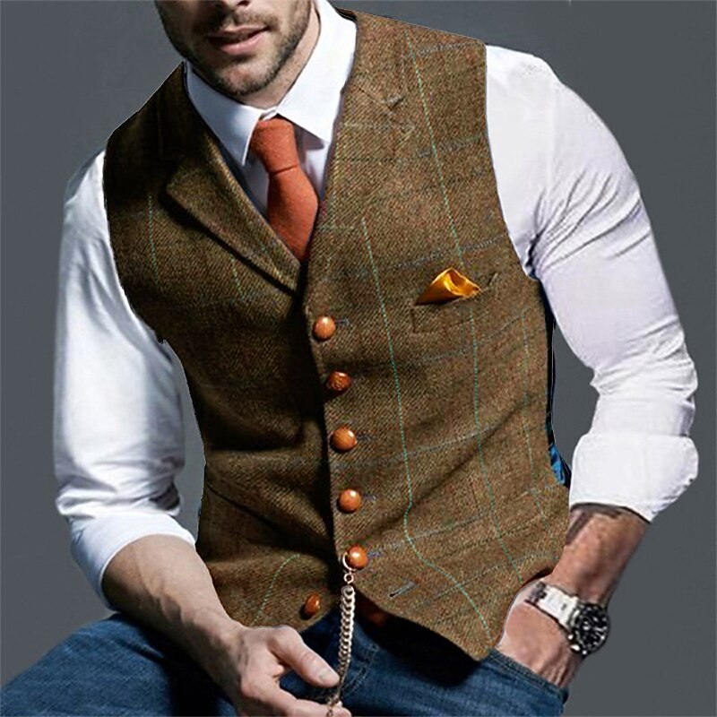 Men's Vest Tweed Vest Waistcoat Vintage Fashion Spring &  Fall Buttons Wool Blend Comfortable Plain Single Breasted V Neck Regular Fit Deep Green Navy Dark Gray Light Grey Vest