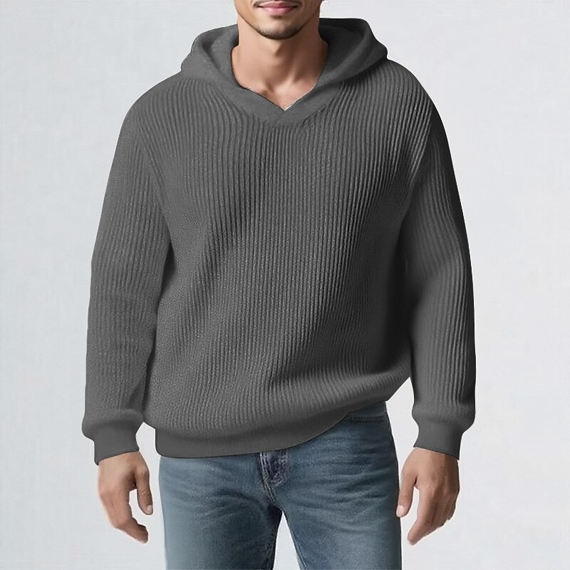 Men's Pullover Sweater Jumper Knit Sweater Ribbed Knit Regular Tops Knitted Plain Hooded Fashion Basic Vacation Daily Wear Clothing Apparel Fall & Winter Black Khaki M L XL