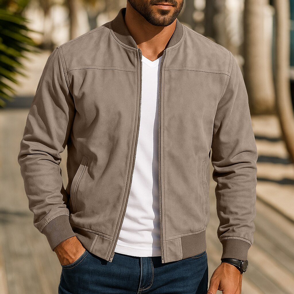 Men's Outdoor Jacket Faux Suede Jacket Bomber Jacket Formal Home Zipper Pocket Fall Winter Solid Color Active Neutral Collar Regular Black Navy Blue Blue Brown Green Jacket