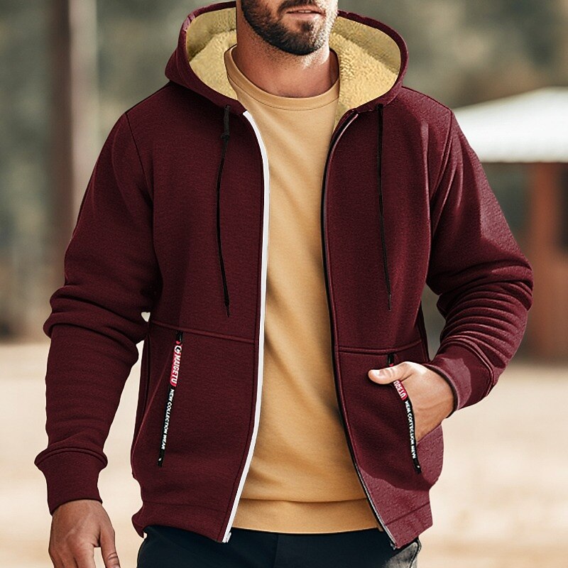 Men's Double Layer Fleece Hooded Jacket Sweat Jacket Black White Wine Army Green Navy Blue Hooded Solid Color Zipper Cool Casual Essential Winter Clothing Apparel Hoodies Sweatshirts  Long