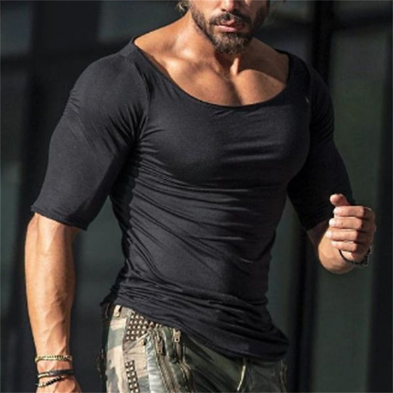 Men's T shirt Tee Plain Boat Neck Short Sleeve Cotton Sports Fashion Lightweight