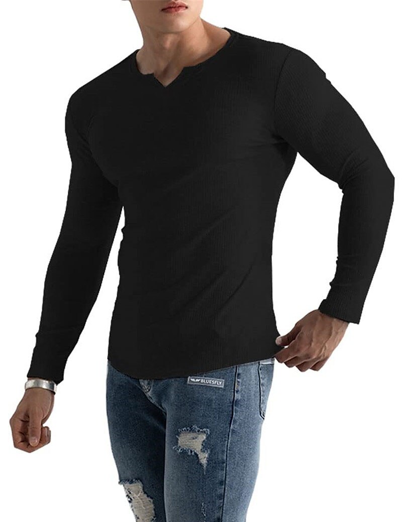 Men's Knitting Basic T-shirt Tee Top Long Sleeve Plain Pit Strip V Neck 