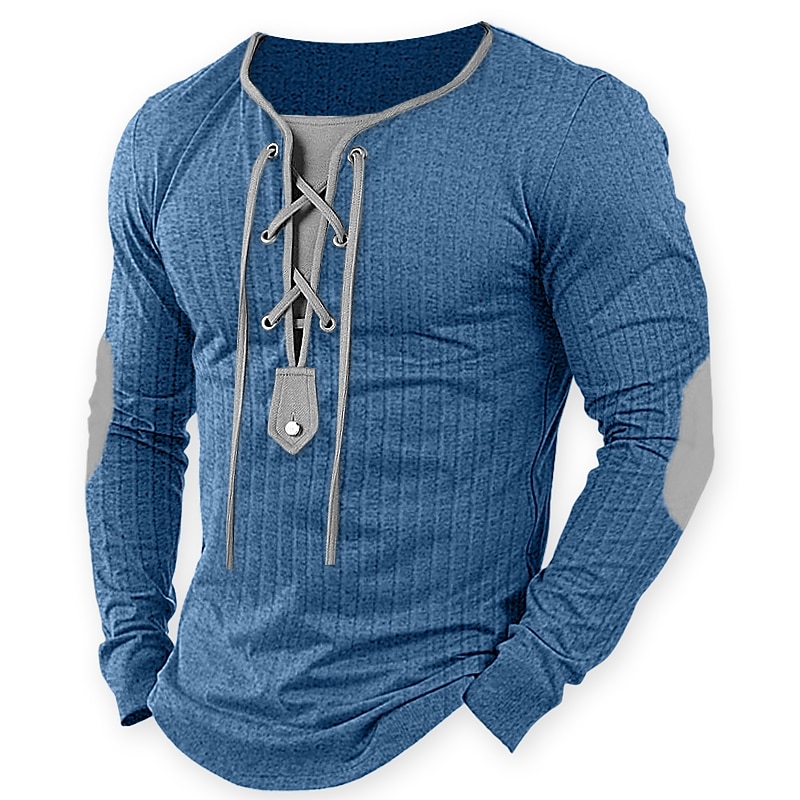 Men's Ribbed Knit Top Long Sleeve Color Block Collar Street Vacation Patchwork Drawstring Clothing Apparel Fashion Designer Basic T-shirt