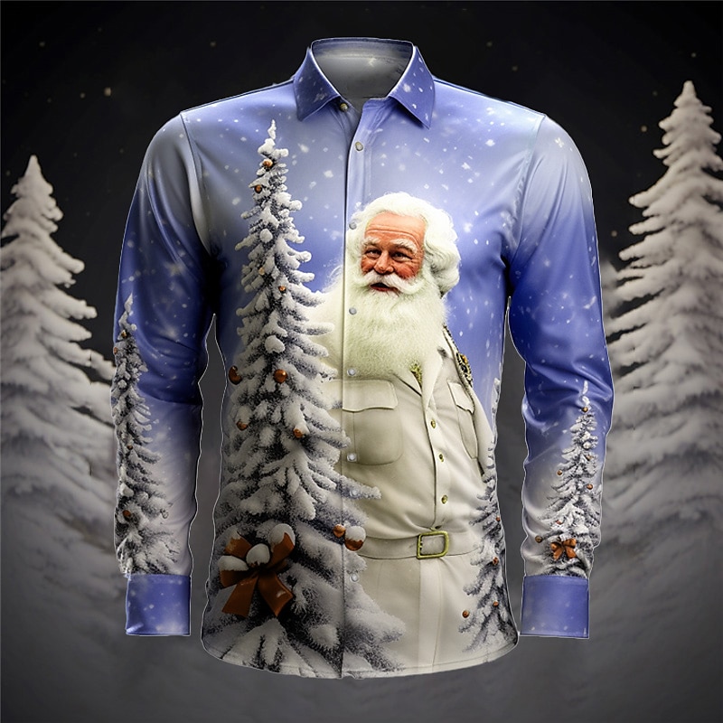 Santa Claus Casual Men's Shirt Christmas Daily Wear Going out Fall & Winter Turndown Long Sleeve Gray+Purple, Red+Pink, Light Blue S, M, L 4-Way Stretch Fabric Shirt