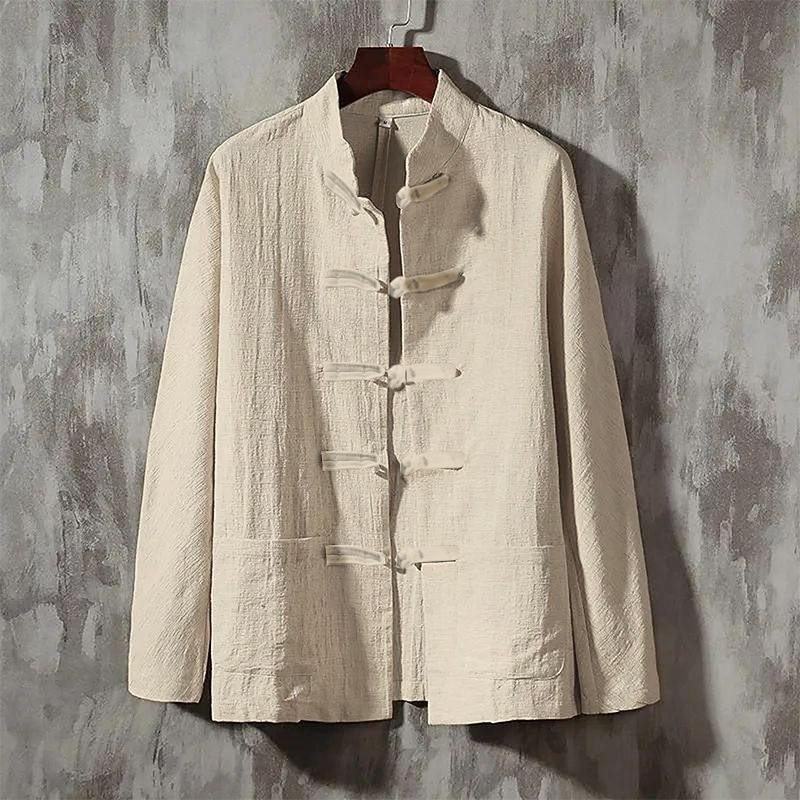 Men's Shirt Linen Shirt Chinese Collar Shirt Mandarin Collar Shirt Coat Casual Shirt Cotton Shirt Plain Vacation Hawaiian Black White Navy Blue Beige Long Sleeve Grandad Collar Spring &  Fall Clothing