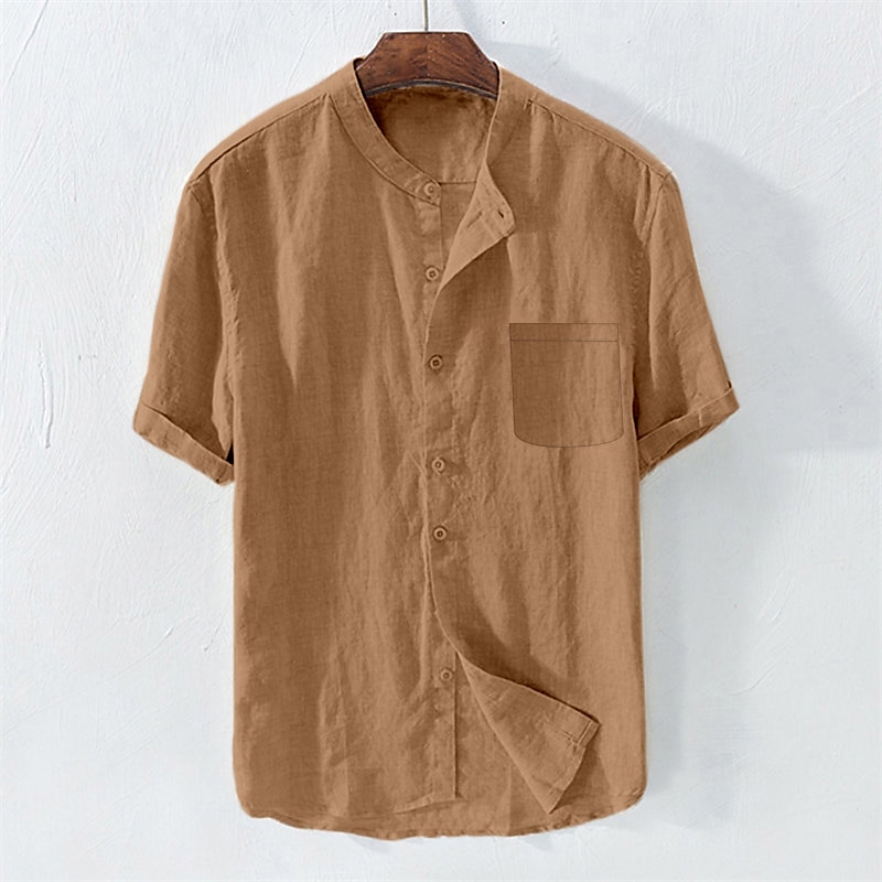 Men's Summer Beach Short Sleeve Plain Standing Collar Summer Spring Outdoor Daily Clothing Apparel Button-Down Linen Shirt