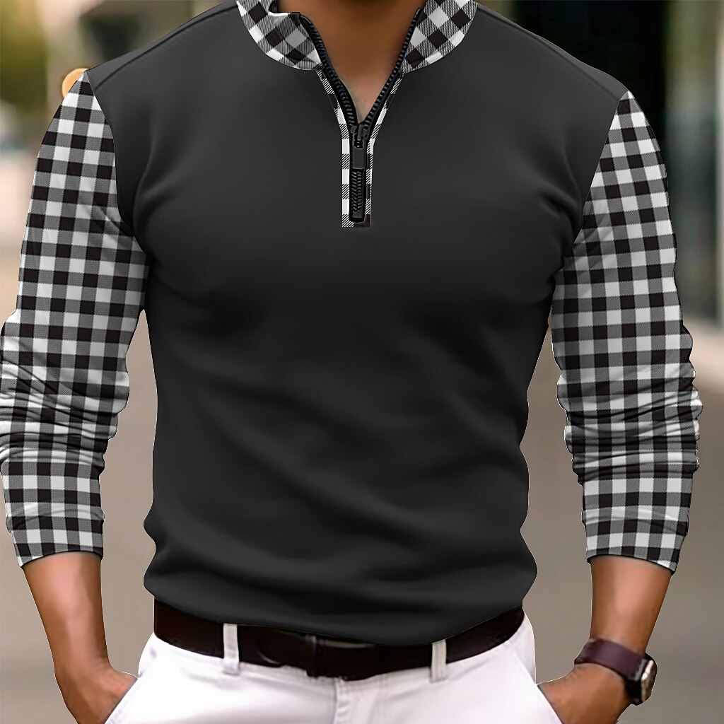 Men's Polo Shirt Quarter Zip Polo Work Daily Wear Lapel Long Sleeve Fashion Comfortable Color Block Plaid / Check Zip Up Spring &  Fall Regular Fit Black Navy Blue Orange Polo Shirt
