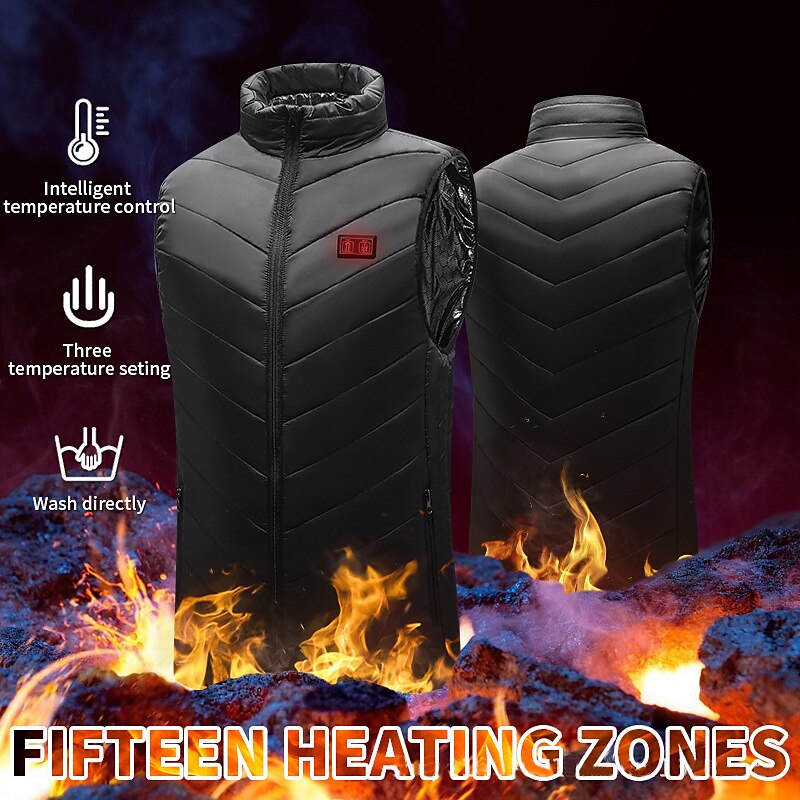15 Places Heated Vest Men Women Usb Heated Jacket Heating Vest Thermal Clothing Hunting Vest Winter Heating Jacket Black M-6XL（Power bank not included）