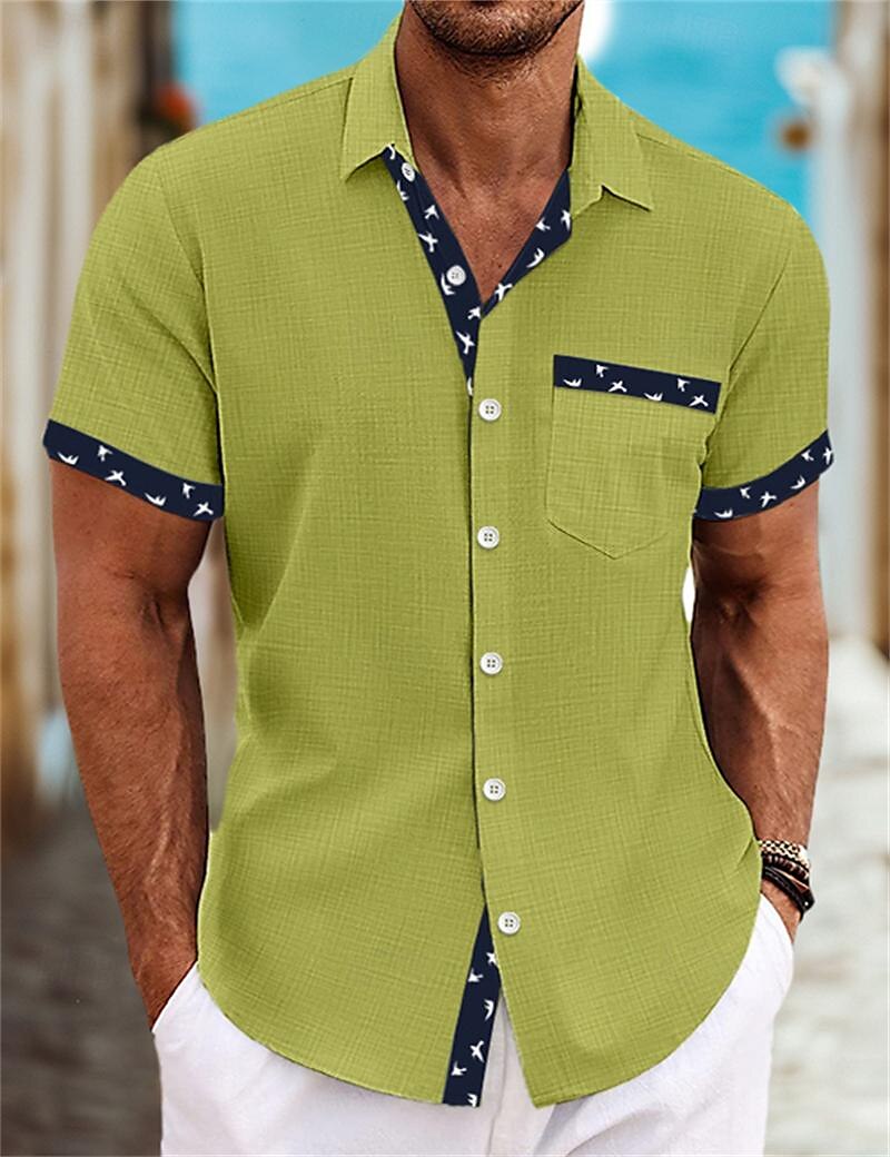 Men's Shirt Linen Shirt Summer Shirt Beach Shirt White Blue Green Short Sleeve Plain Collar Summer Spring Casual Daily Clothing Apparel
