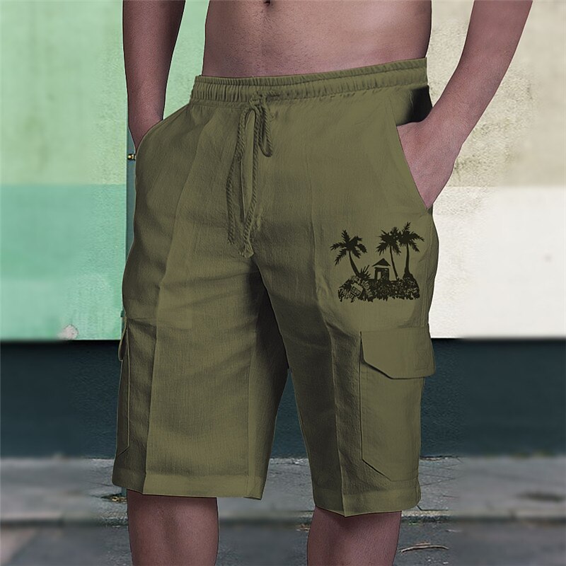 Men's Cargo Shorts Summer Shorts Drawstring Elastic Waist Print Coconut Tree Graphic Prints Breathable Soft Short Casual Daily Holiday Streetwear Designer Black Blue Micro-elastic