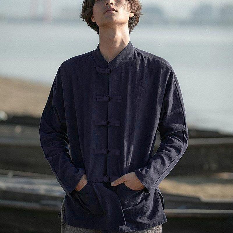 Men's Shirt Linen Shirt Chinese Collar Shirt Mandarin Collar Shirt Coat Casual Shirt Cotton Shirt Plain Vacation Hawaiian Black White Navy Blue Beige Long Sleeve Grandad Collar Spring &  Fall Clothing