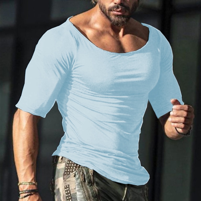 Men's T shirt Tee Plain Boat Neck Short Sleeve Cotton Sports Fashion Lightweight