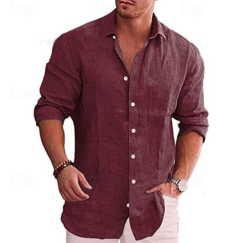 Men's Shirt Linen Shirt Cotton Linen Shirt White Cotton Shirt Button Up Shirt Summer Shirt Black White Wine Long Sleeve Plain Lapel Spring &  Fall Hawaiian Holiday Clothing Apparel