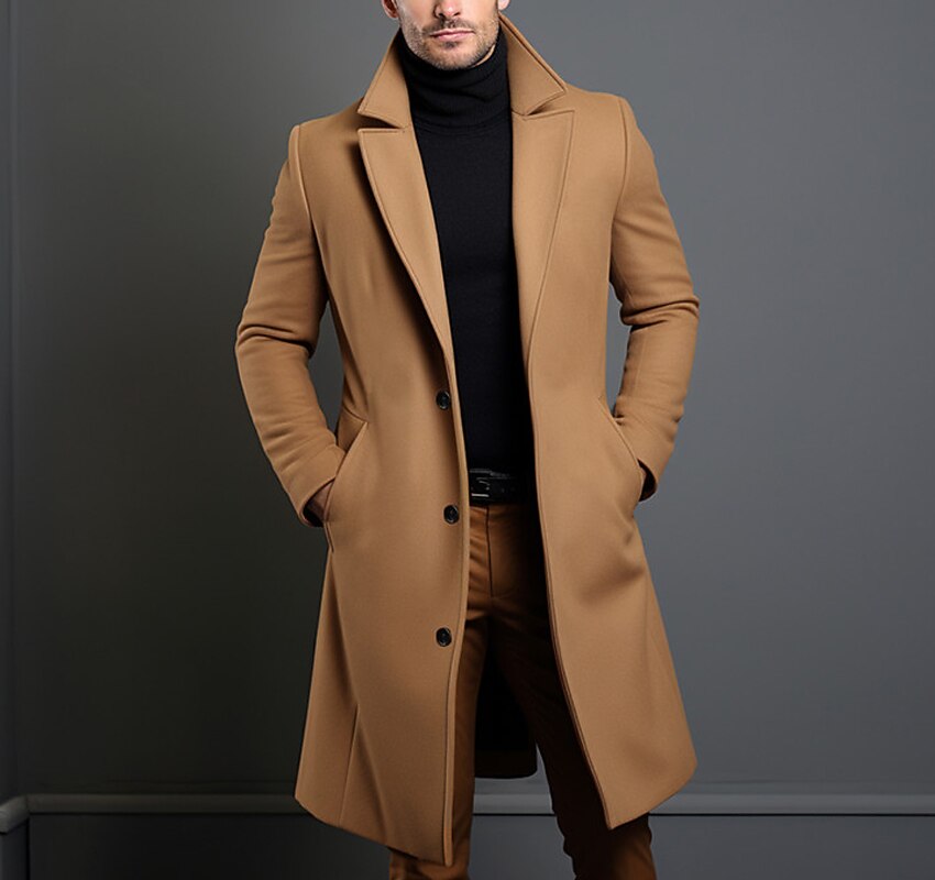 Men's Winter Coat Overcoat Long Trench Coat Outdoor Daily Wear Fall & Winter Outerwear Clothing Apparel Fashion Streetwear Plain Lapel Single Breasted