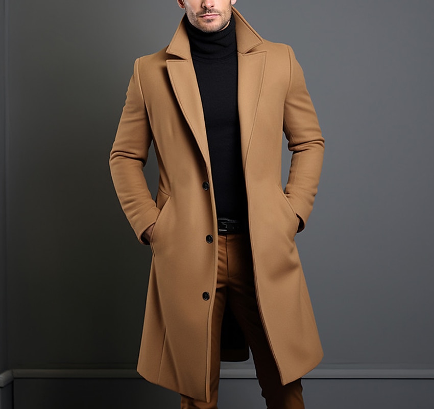 Men's Winter Coat Overcoat Long Trench Coat Outdoor Daily Wear Fall & Winter 95% Polyester 5% Spandex Outerwear Clothing Apparel Fashion Streetwear Plain Lapel Double Breasted