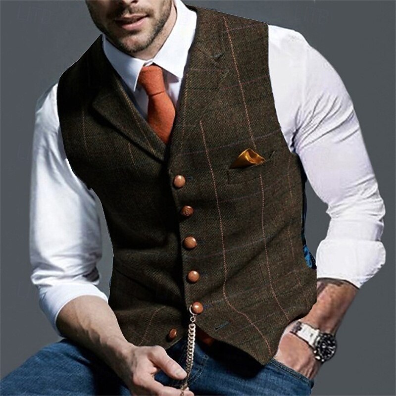 Men's Vest Tweed Vest Waistcoat Vintage Fashion Spring &  Fall Buttons Wool Blend Comfortable Plain Single Breasted V Neck Regular Fit Deep Green Navy Dark Gray Light Grey Vest