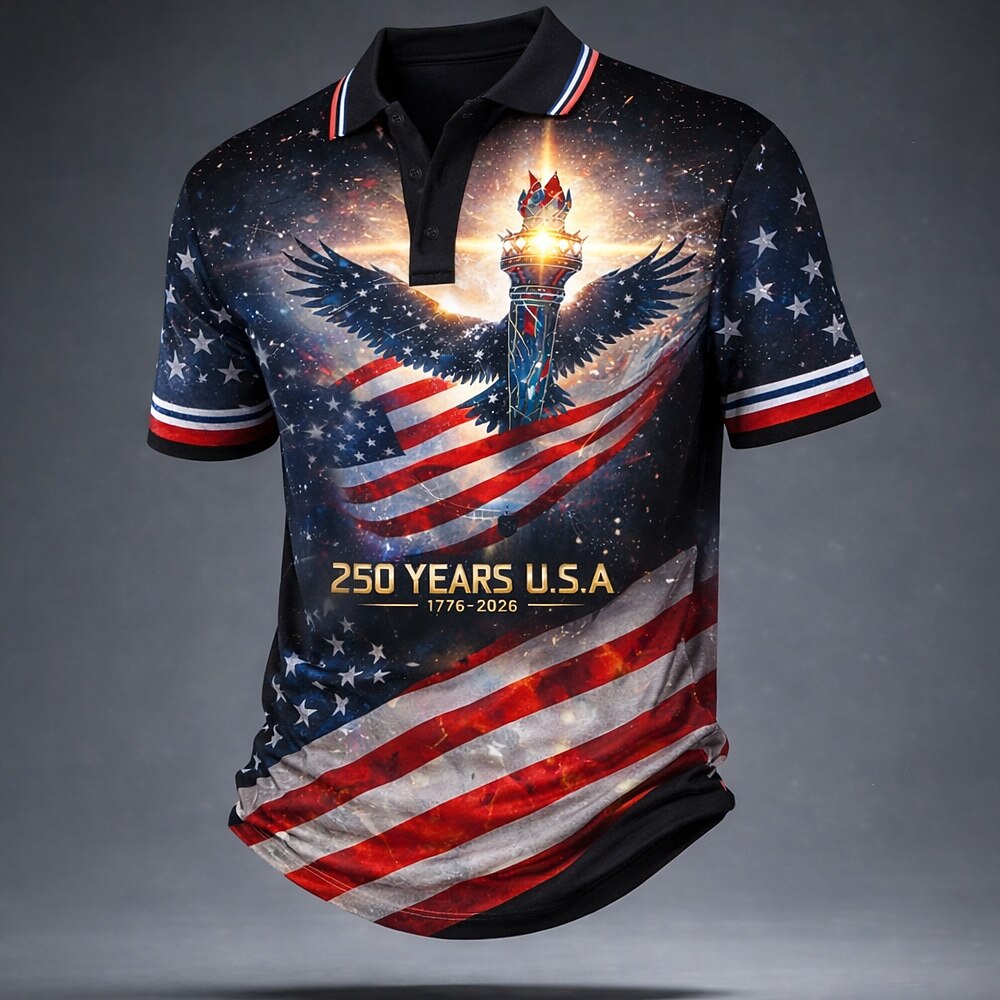 4th of July 2026 250th Men's American Flag Polo Shirts Short Sleeve Polo Shirts Lapel Casual Athleisure Daily Wear Festival Outfit 3D Print Buttons Summer Spring Blue Red Gray