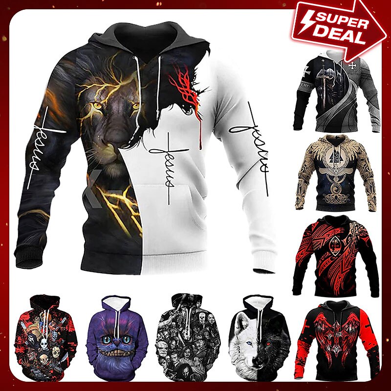 Men's Hoodie Pullover 3D Print Plus Size Basic Long Sleeve Sweatshirt