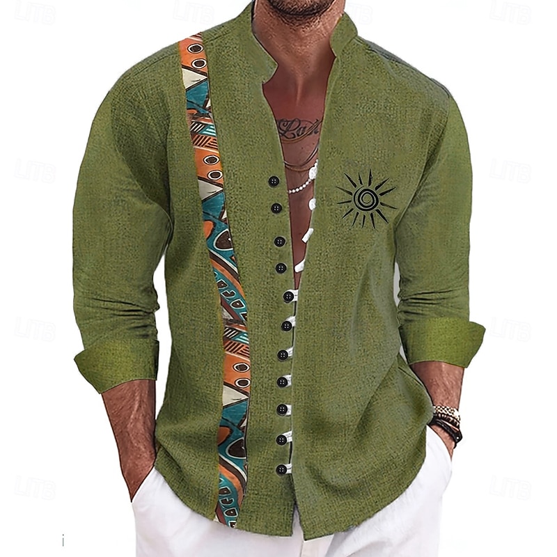Men's Sun Ethnic Culture Shirt Stand Collar Shirt Long Sleeve Vintage Retro Vacation Daily Wear Going out Spring Fall Mandarin Collar Band Collar Button-Down Linen Like Shirt Blue Dark Green