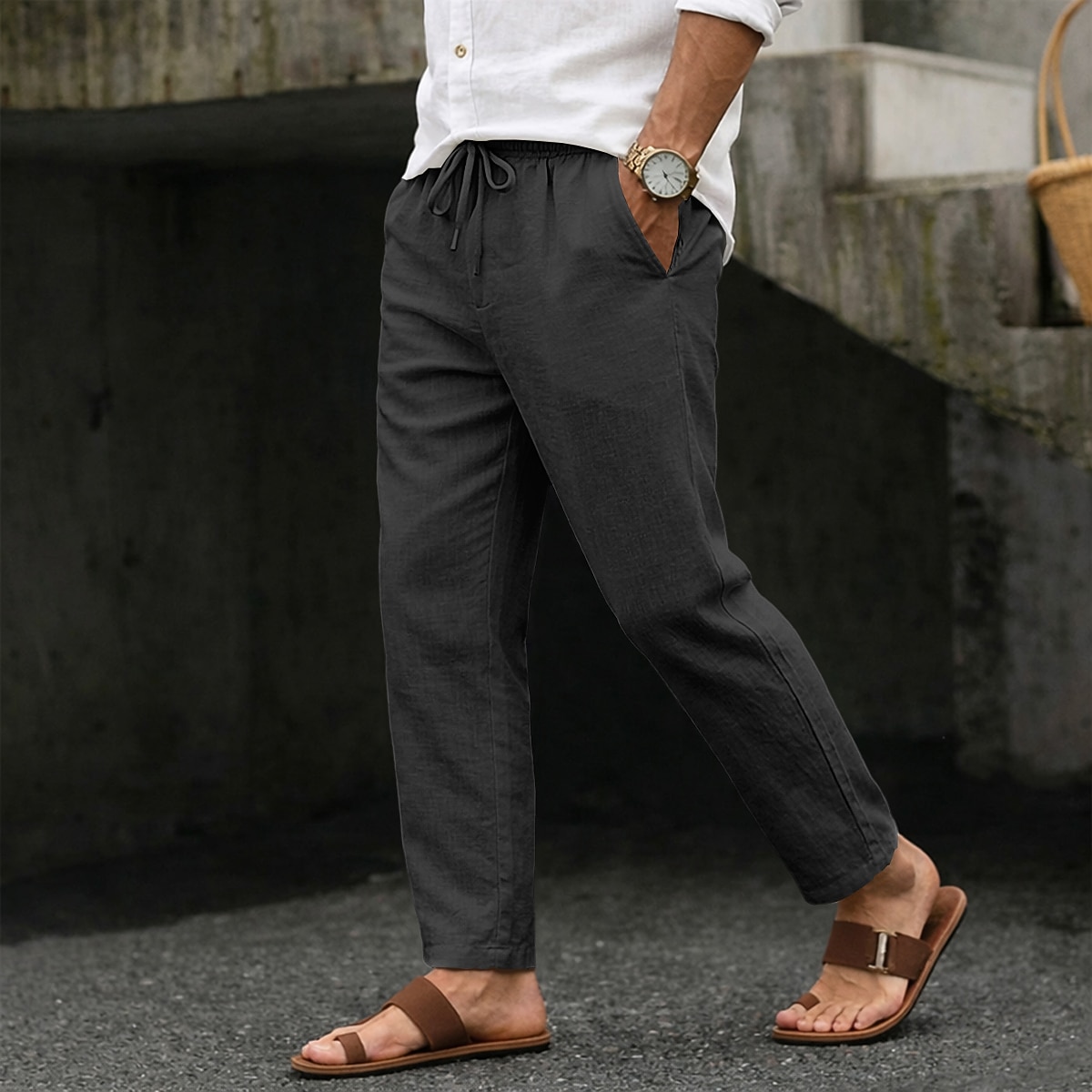 Men's Summer Pants Beach Pants Drawstring Pocket Elastic Waist Plain Comfort Breathable Full Length Daily Beach Vacation Vacation Hawaiian Blue Black Inelastic
