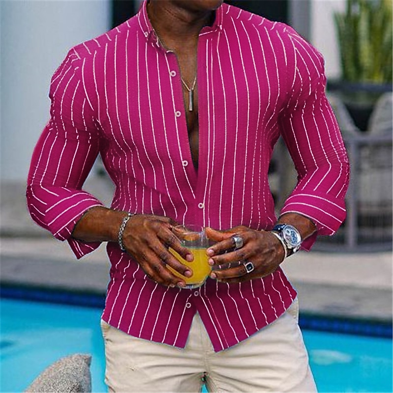 Men's Shirt Button Up Shirt Casual Shirt Long Sleeve Stripes Button Down Collar
