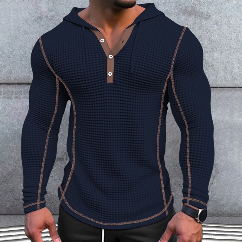 Men's Basic Waffle Henley Shirt Tee Top Long Sleeve