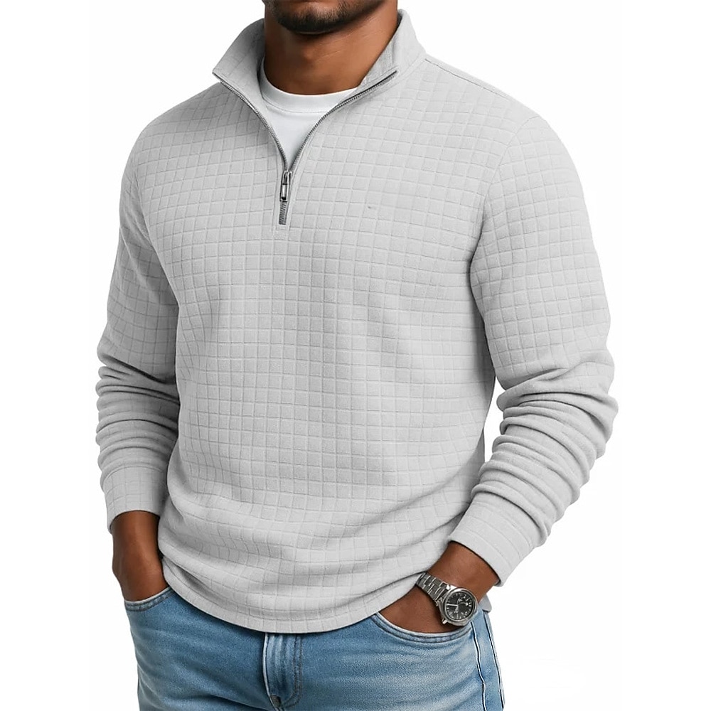 Men's Waffle Tee T Shirt Quarter Zip Tee Long Sleeve Stand Collar Fall Winter Spring &  Fall Solid Color Knitwear Daily Casual Crewneck Outdoor Causal Casual Navy Black White Top Tee for Men