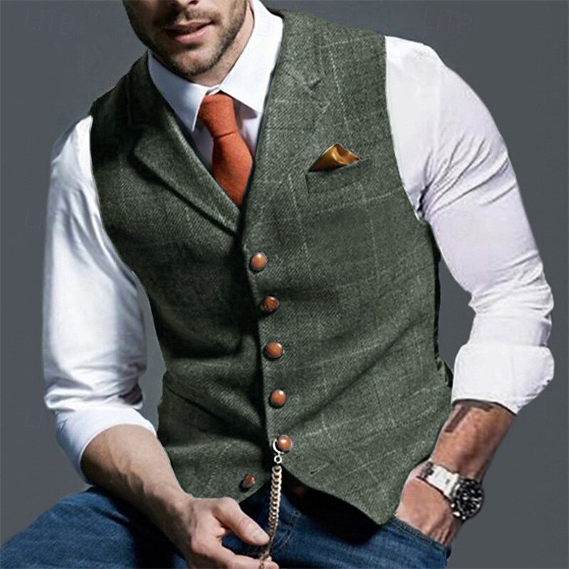 Men's Vest Tweed Vest Waistcoat Vintage Fashion Spring &  Fall Buttons Wool Blend Comfortable Plain Single Breasted V Neck Regular Fit Deep Green Navy Dark Gray Light Grey Vest