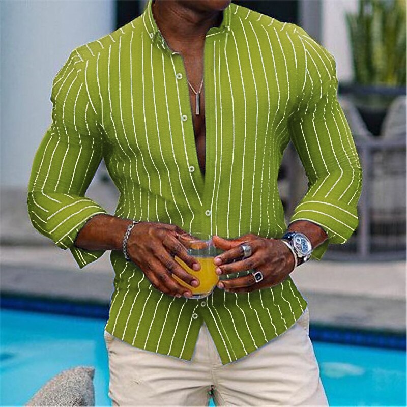 Men's Shirt Button Up Shirt Casual Shirt Long Sleeve Stripes Button Down Collar