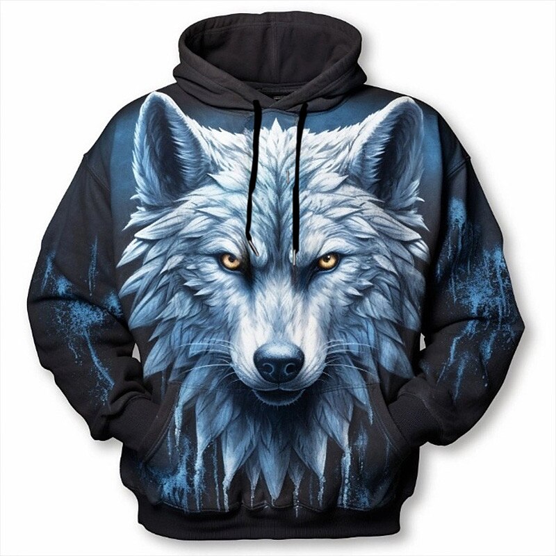 Men's 3D Graphic Animal Wolf Basic Hoodie Pullover Print Front Pocket