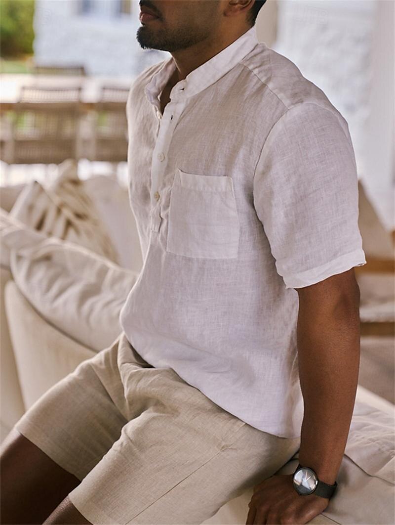 Men's Shirt Linen Shirt Popover Shirt Summer Shirt Beach Wear Band Collar Shirt White Pink Blue Green Short Sleeve Solid Color Band Collar Summer Spring Casual Daily Clothing Apparel