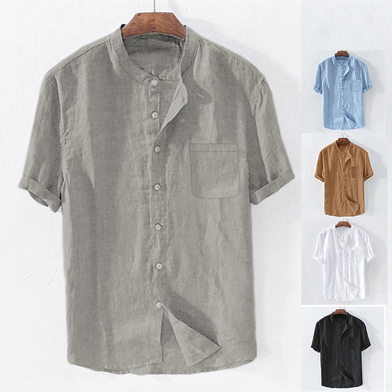 Men's Summer Beach Short Sleeve Plain Standing Collar Summer Spring Outdoor Daily Clothing Apparel Button-Down Linen Shirt