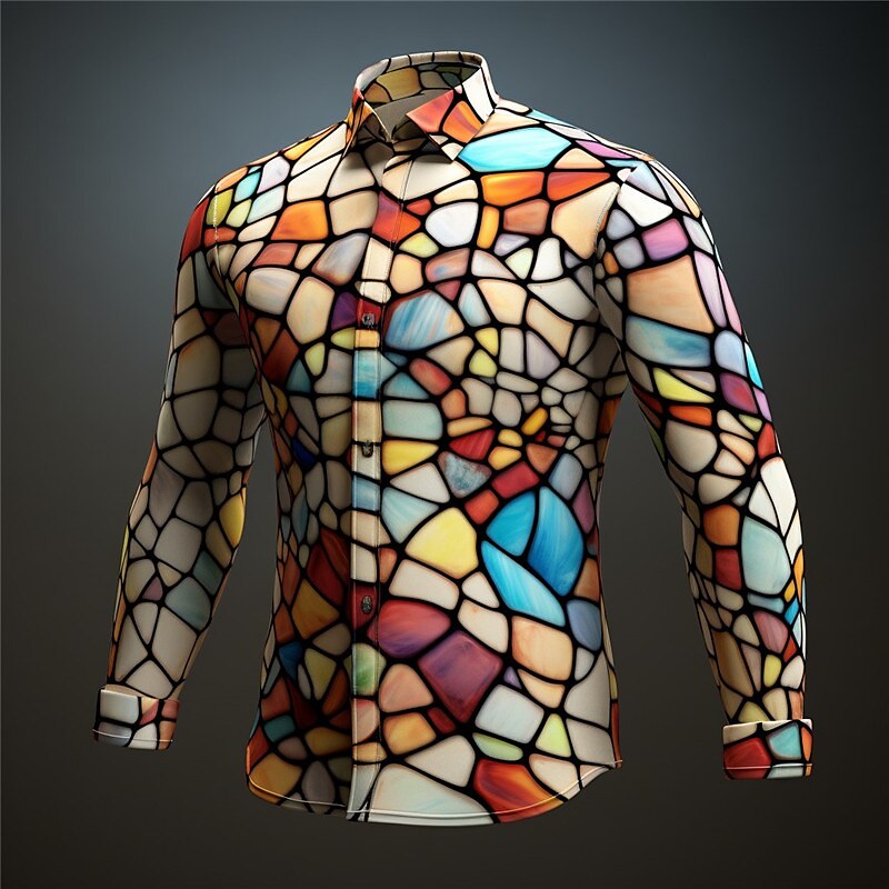 Color Block Colorful Artistic Abstract Men's Shirt Daily Wear Going out Fall & Winter Turndown Long Sleeve Blue, Orange, Green S, M, L 4-Way Stretch Fabric Shirt