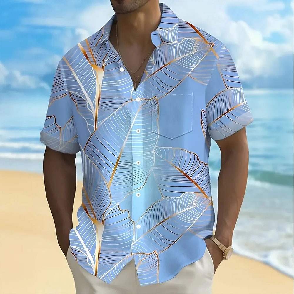 Men's Palm Leaf Tropical Plants Summer Hawaiian Shirt Button Up Shirt Short Sleeve Hawaiian Resort Vacation Holiday Beach Wear Summer Spring Turndown Collared Shirts Front One Pocket Pink Blue